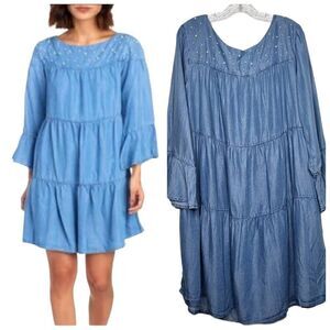 Elliott & Vine Blue Tiered Chambray Tencel Pearl Bell Sleeves Dress Size 3X